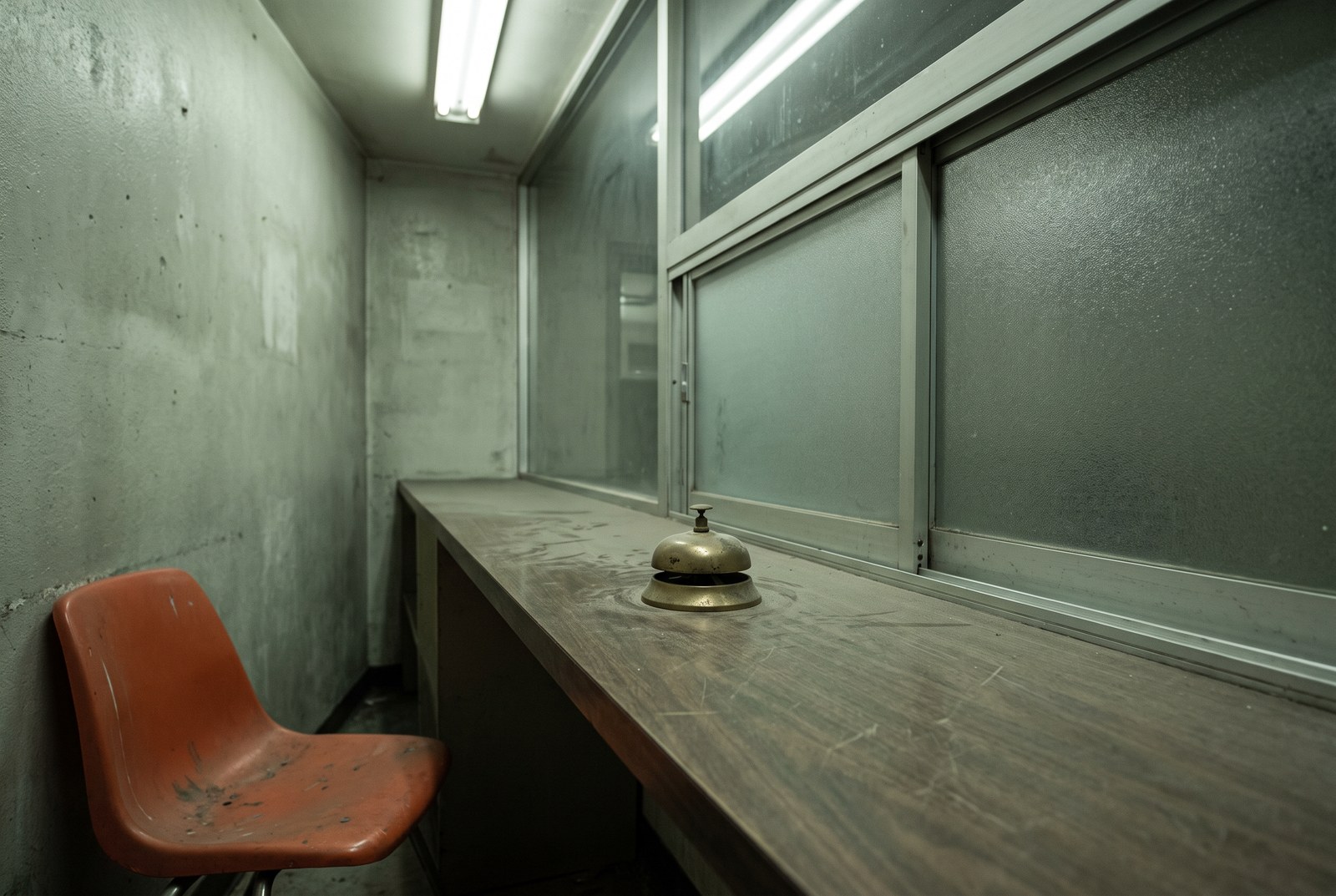 A service counter with its frosted window slid shut, a brass call bell on the counter and one empty plastic chair.